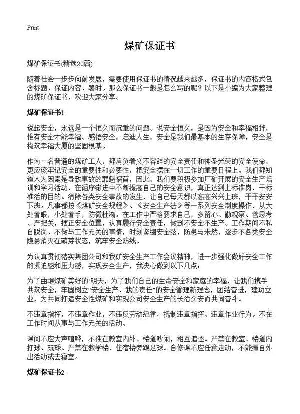 煤矿保证书20篇