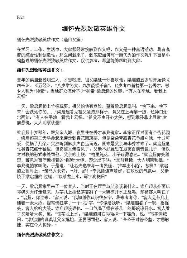 缅怀先烈致敬英雄作文30篇