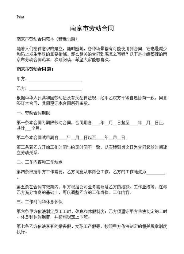 南京市劳动合同11篇
