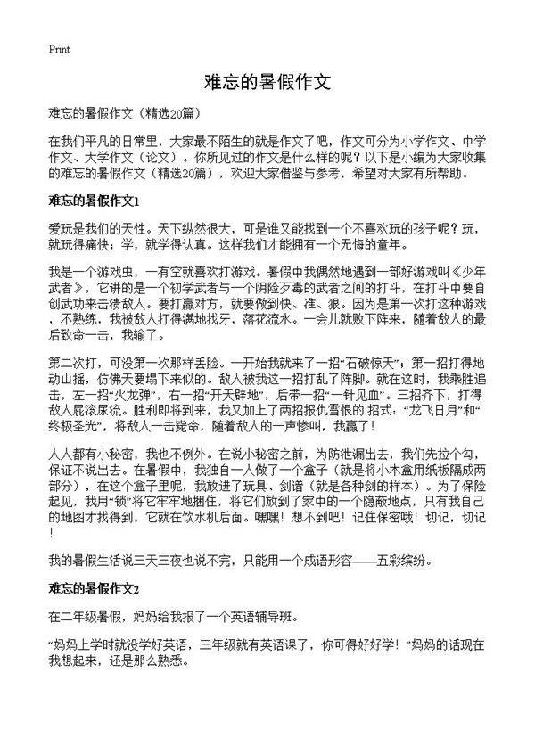 难忘的暑假作文20篇