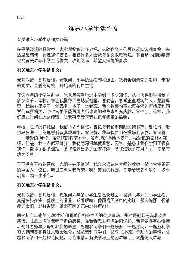 难忘小学生活作文