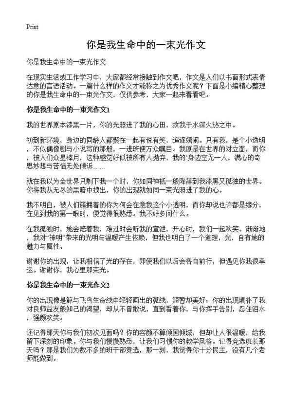 你是我生命中的一束光作文