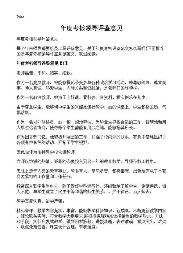 年度考核领导评鉴意见