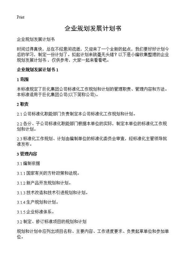 企业规划发展计划书