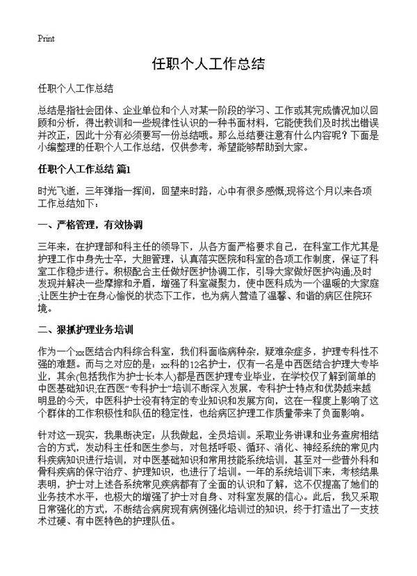 任职个人工作总结