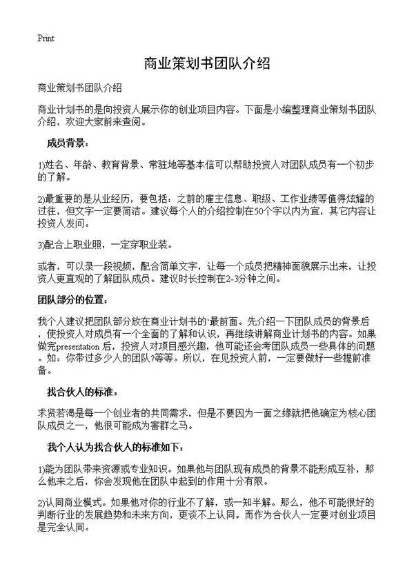 商业策划书团队介绍