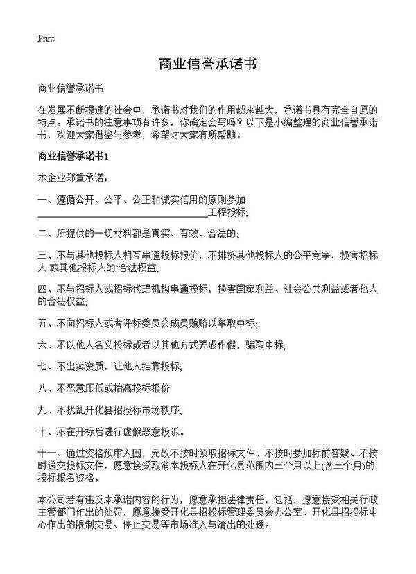 商业信誉承诺书