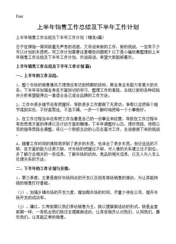 上半年销售工作总结及下半年工作计划9篇