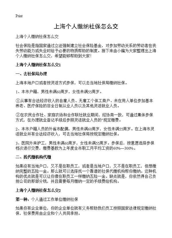 上海个人缴纳社保怎么交