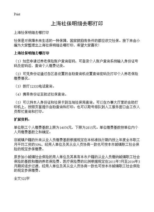 上海社保明细去哪打印