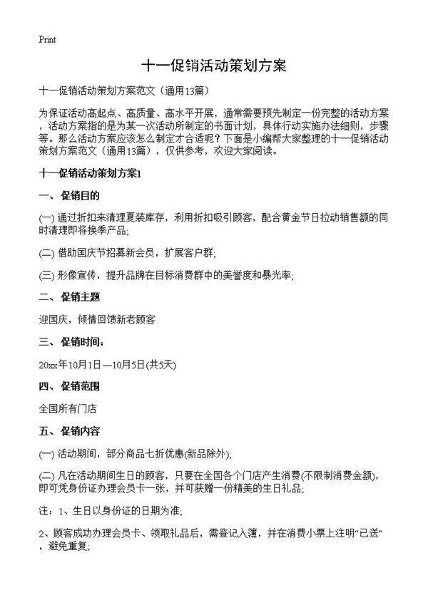 十一促销活动策划方案13篇