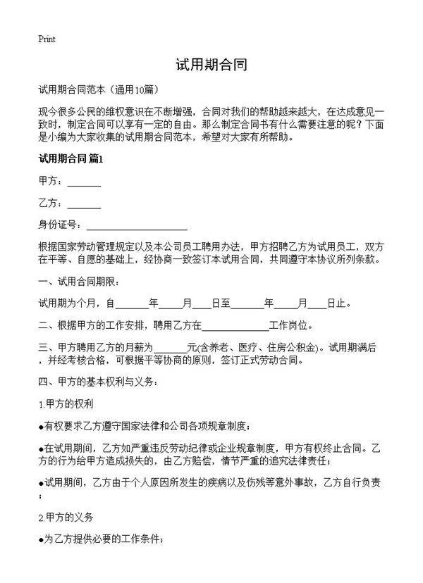 试用期合同10篇