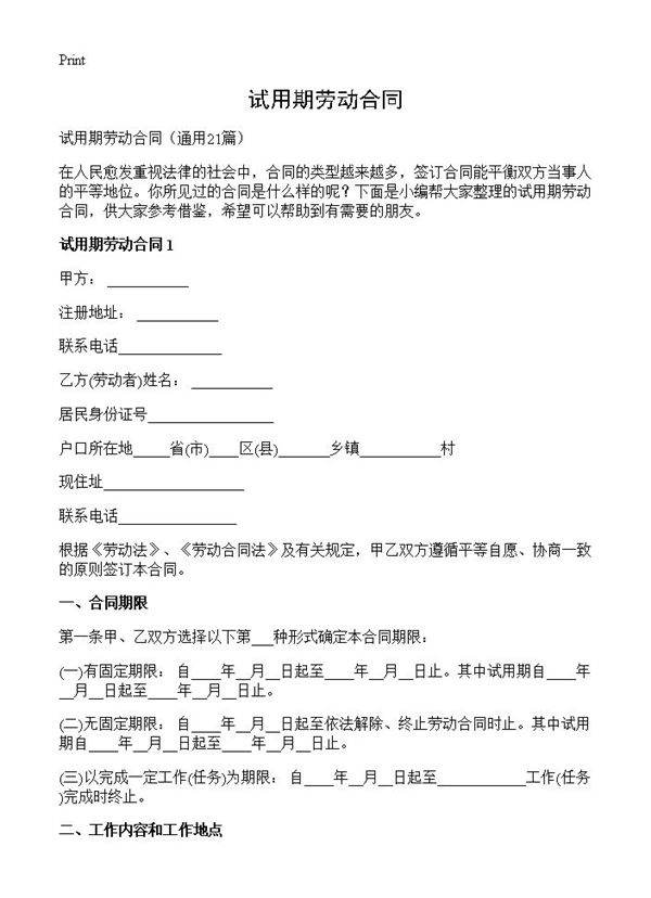 试用期劳动合同21篇