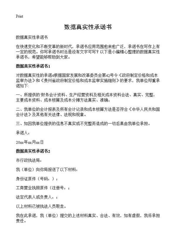 数据真实性承诺书
