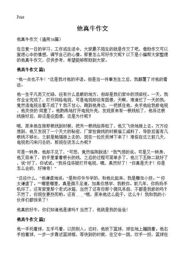 他真牛作文34篇
