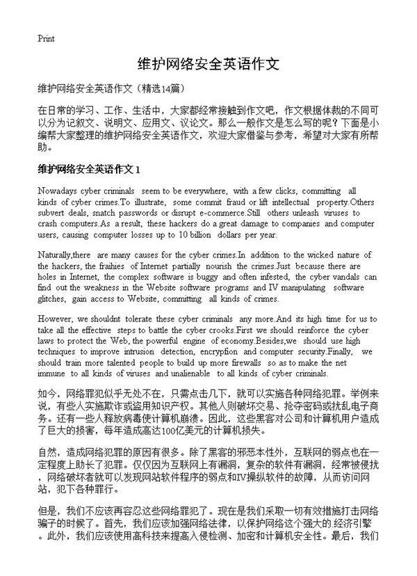 维护网络安全英语作文14篇