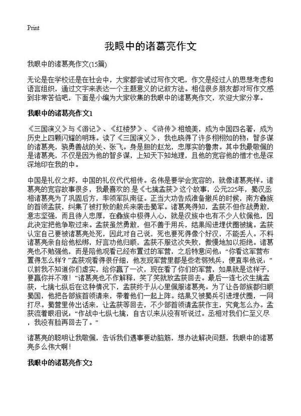 我眼中的诸葛亮作文15篇