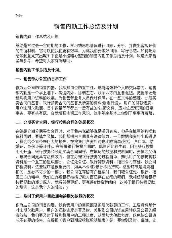 销售内勤工作总结及计划