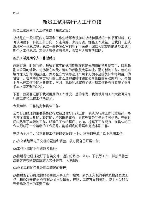 新员工试用期个人工作总结22篇