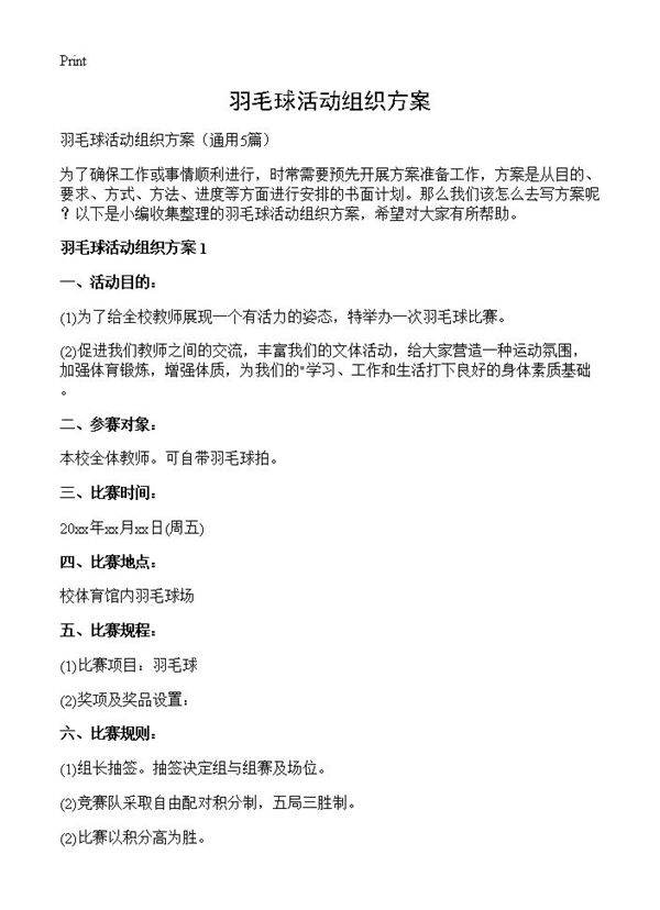 羽毛球活动组织方案5篇