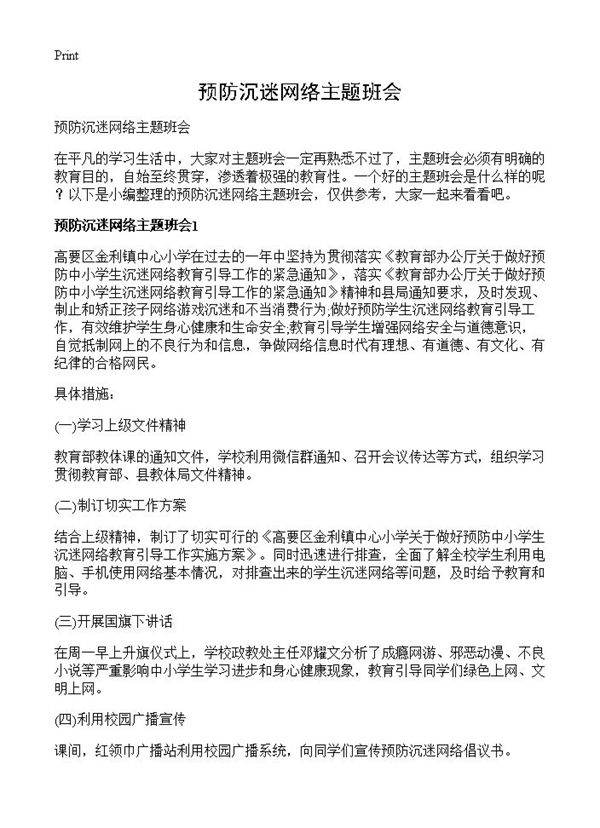 预防沉迷网络主题班会