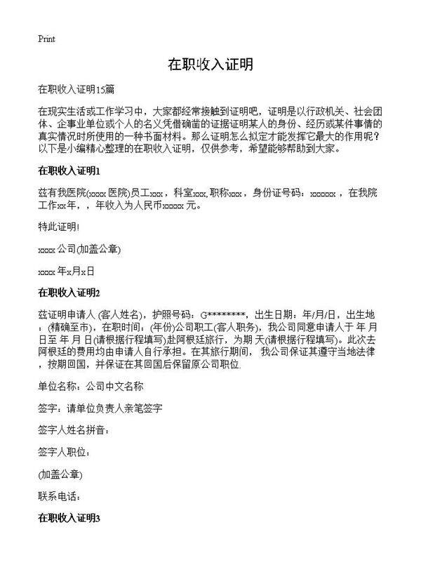 在职收入证明
