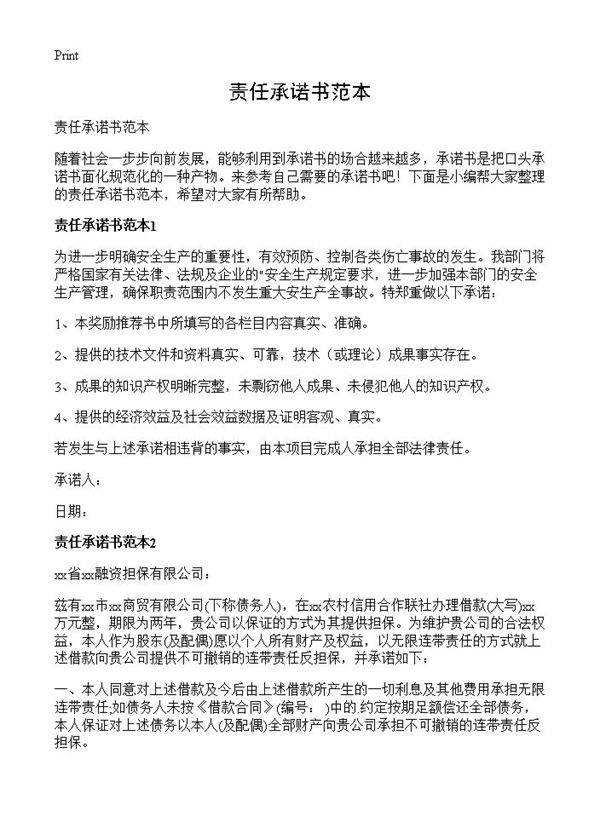 责任承诺书范本