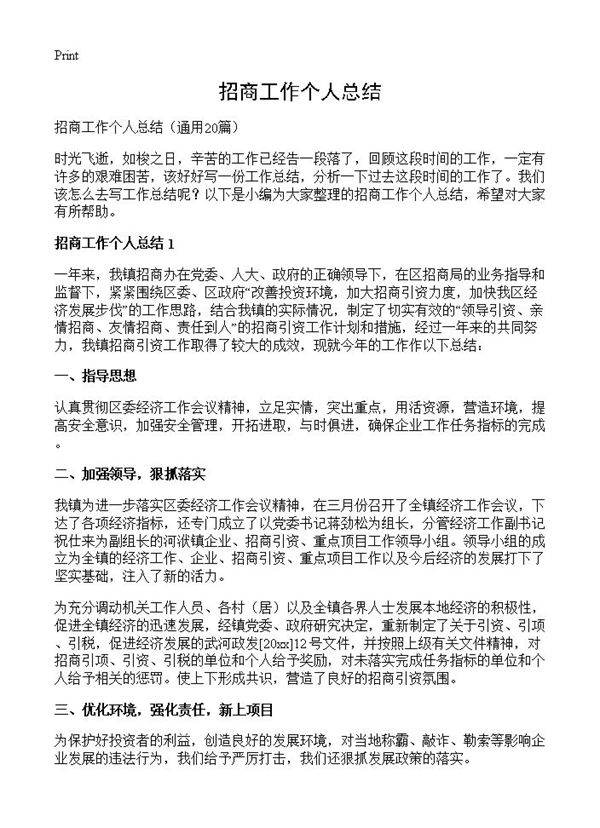招商工作个人总结20篇
