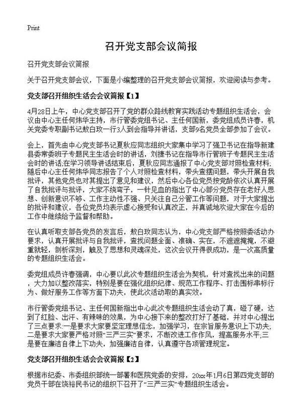 召开党支部会议简报