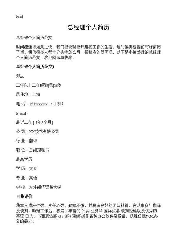 总经理个人简历
