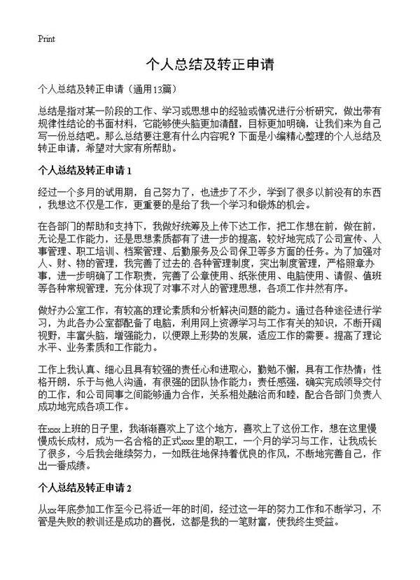 个人总结及转正申请13篇