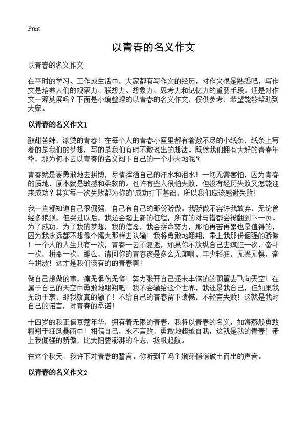 以青春的名义作文