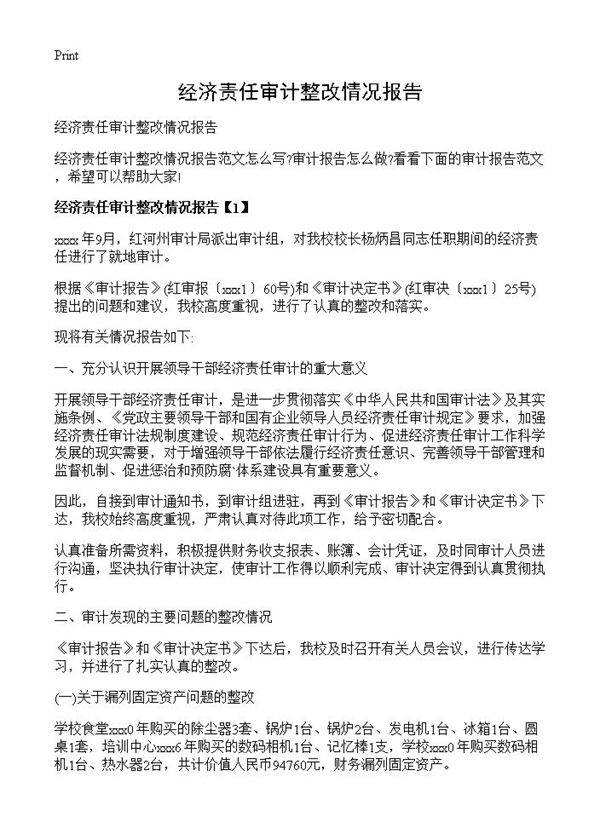 经济责任审计整改情况报告