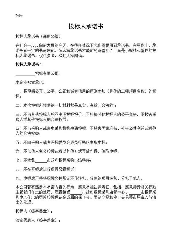 投标人承诺书22篇