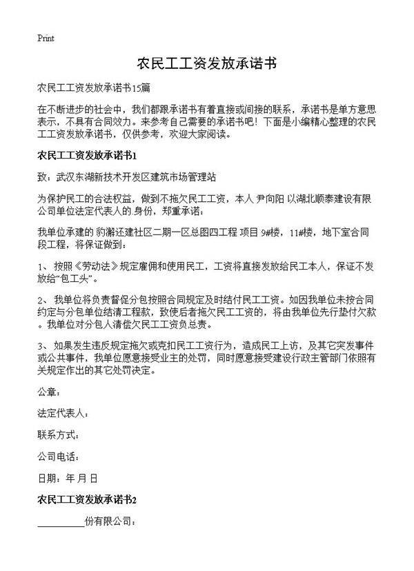 农民工工资发放承诺书