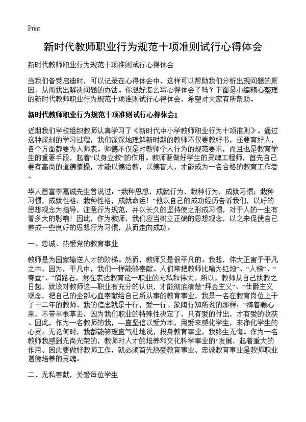 新时代教师职业行为规范十项准则试行心得体会
