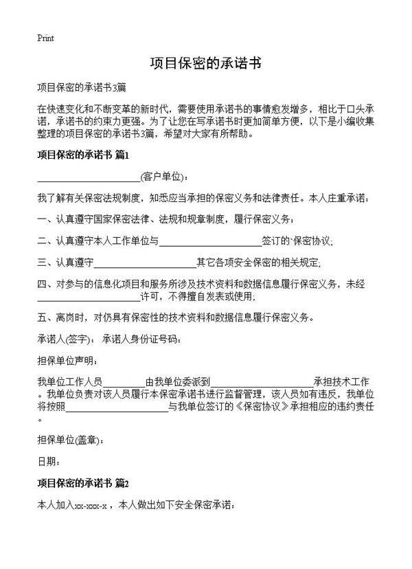 项目保密的承诺书