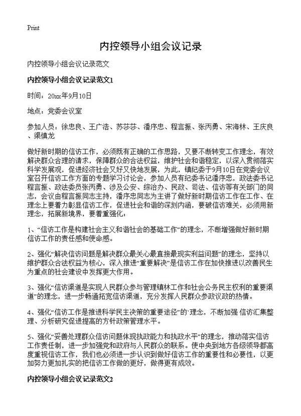 内控领导小组会议记录