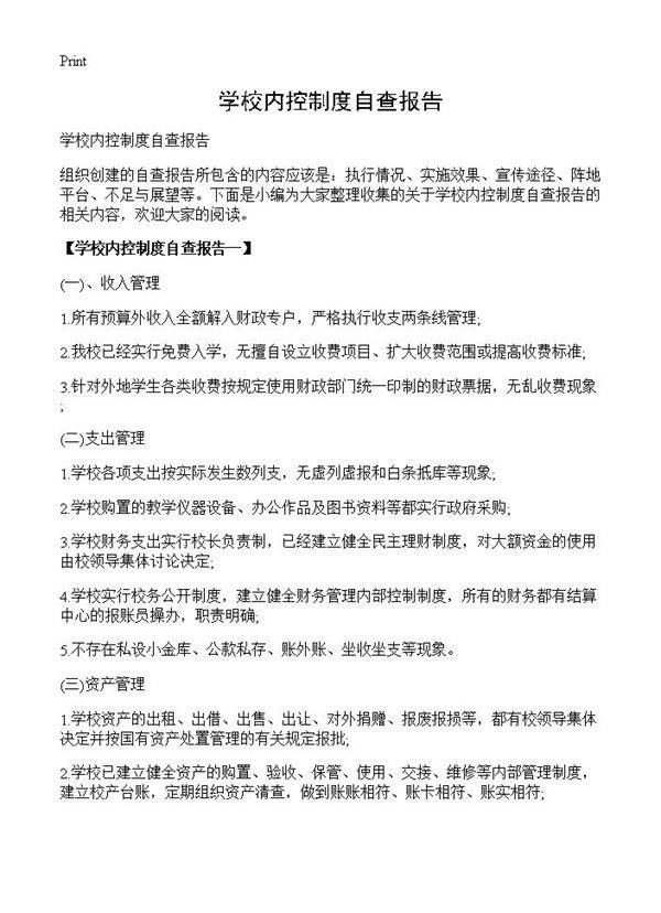 学校内控制度自查报告