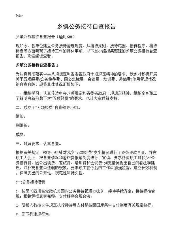 乡镇公务接待自查报告6篇