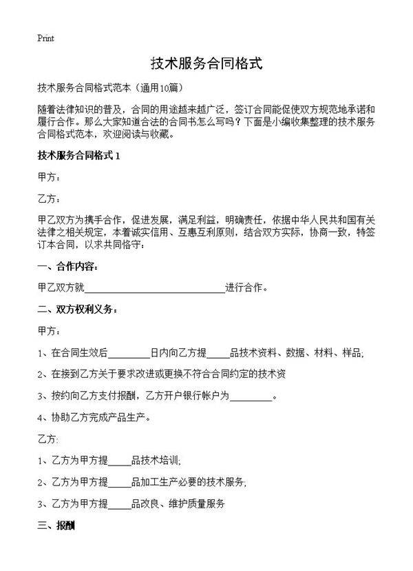 技术服务合同格式10篇