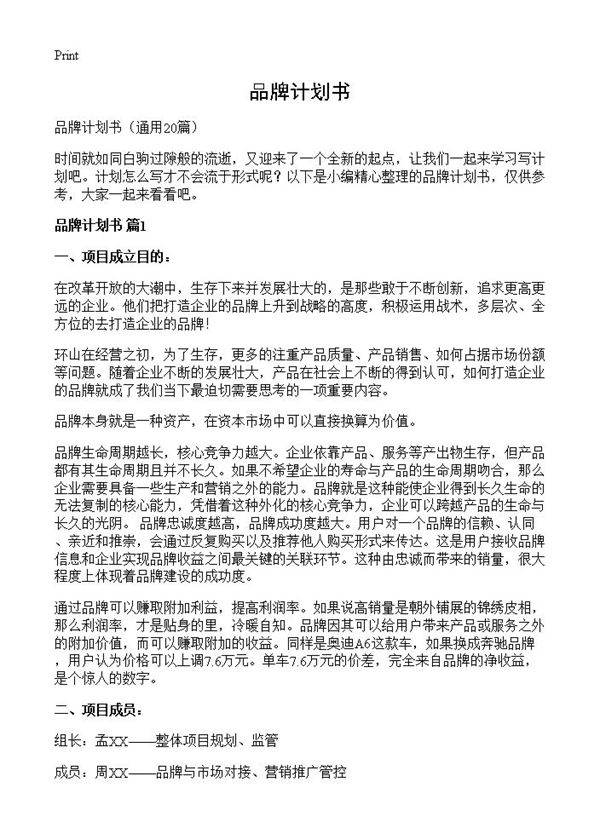 品牌计划书20篇