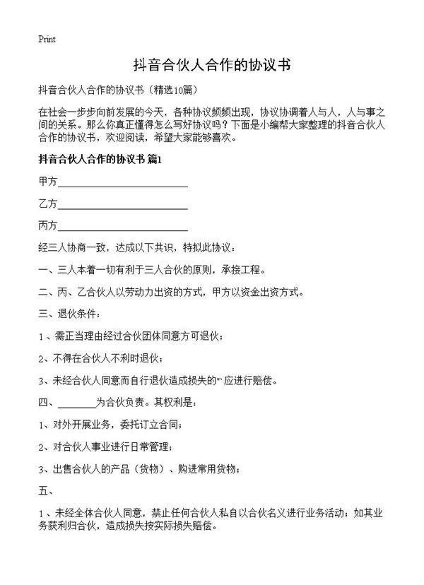 抖音合伙人合作的协议书10篇