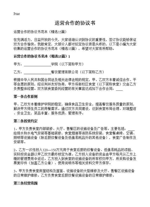 运营合作的协议书15篇