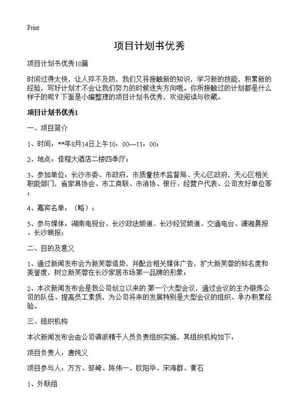 项目计划书优秀