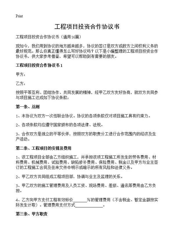 工程项目投资合作协议书16篇