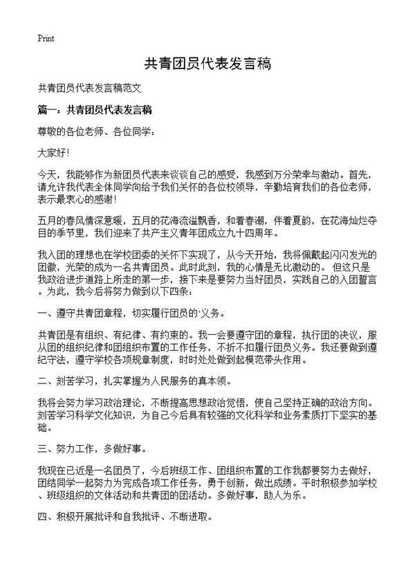 共青团员代表发言稿