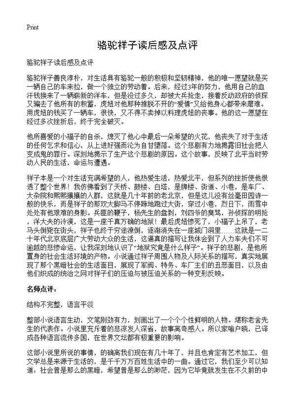 骆驼祥子读后感及点评