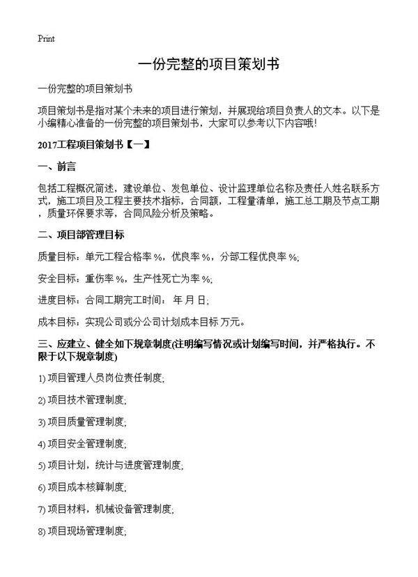 一份完整的项目策划书