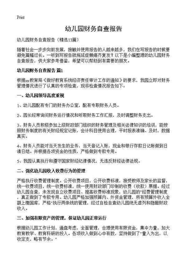 幼儿园财务自查报告13篇